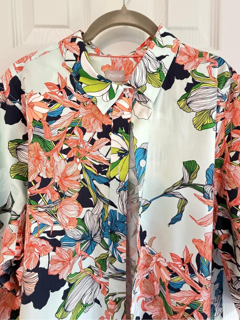 Chico's Mint Floral Button-Down Shirt with Coral, Navy & Green Accents - Picture 4 of 10